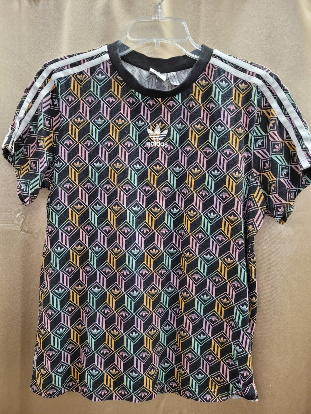adidas Black Tee with Mint Pink and Yellow Geometric Print